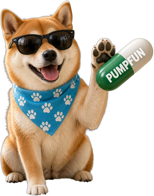 Fun Inu sitting, waving a PUMPFUN pill
