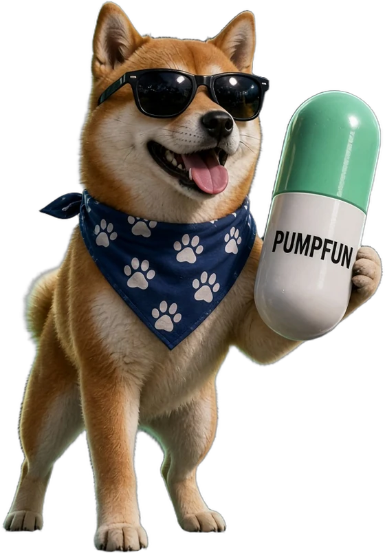 Fun Inu standing on a launch pad holding a giant PUMPFUN pill
