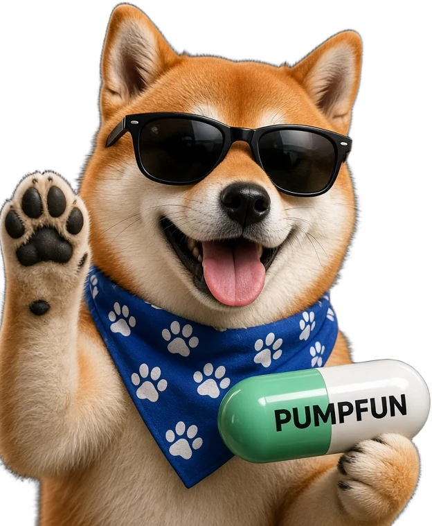 Fun Inu — a shiba in sunglasses and a paw-print bandana waving, holding a green and white PUMPFUN pill